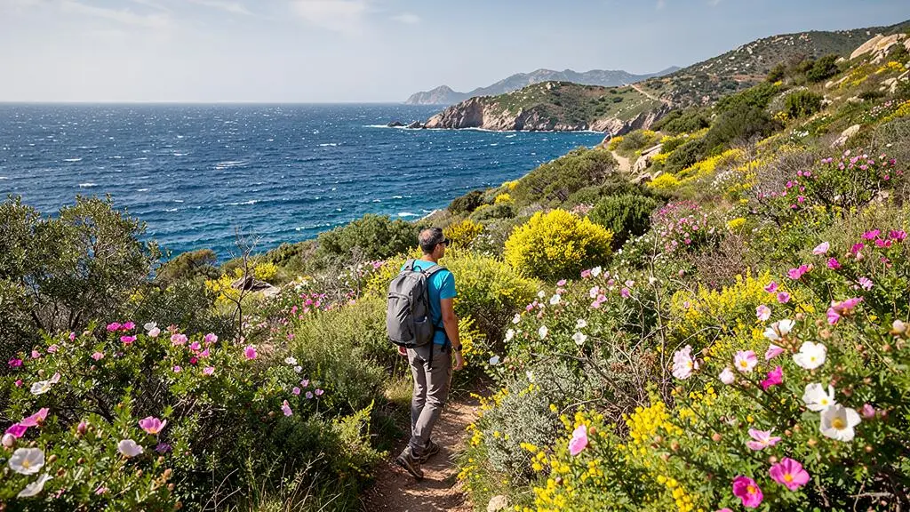 Randonneur traversant le maquis corse fleuri le long d'un sentier côtier au printemps, avec la Méditerranée en arrière-plan