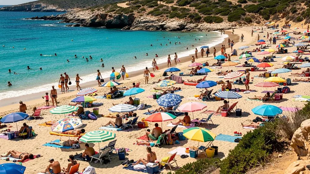 Plage corse fréquentée durant la haute saison estivale avec nombreux vacanciers, parasols et familles profitant du littoral