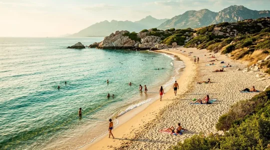 Plage corse paisible avec eau turquoise et quelques baigneurs espacés en arrière-saison, végétation méditerranéenne et côte rocheuse en arrière-plan