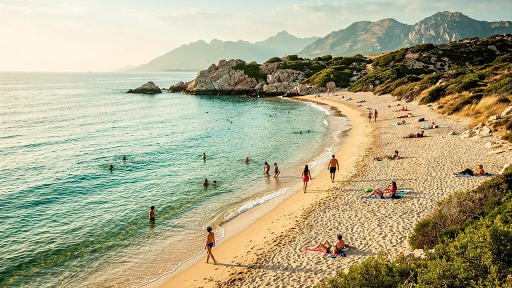 Plage corse paisible avec eau turquoise et quelques baigneurs espacés en arrière-saison, végétation méditerranéenne et côte rocheuse en arrière-plan