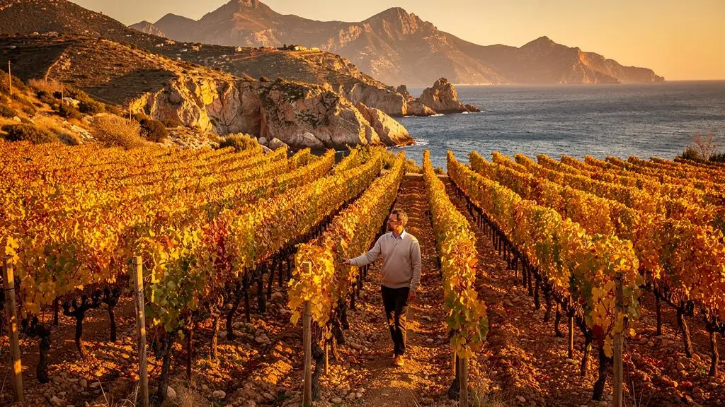 Vignoble corse en automne avec feuilles de vigne dorées et côte méditerranéenne visible en arrière-plan sous une lumière chaude de fin de journée